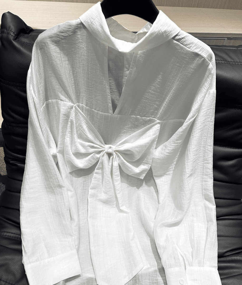 哥与婷子 扎染烫钻蝴蝶结绑带露背镂空长袖防晒衬衫女春夏甜美休闲衬衣上衣