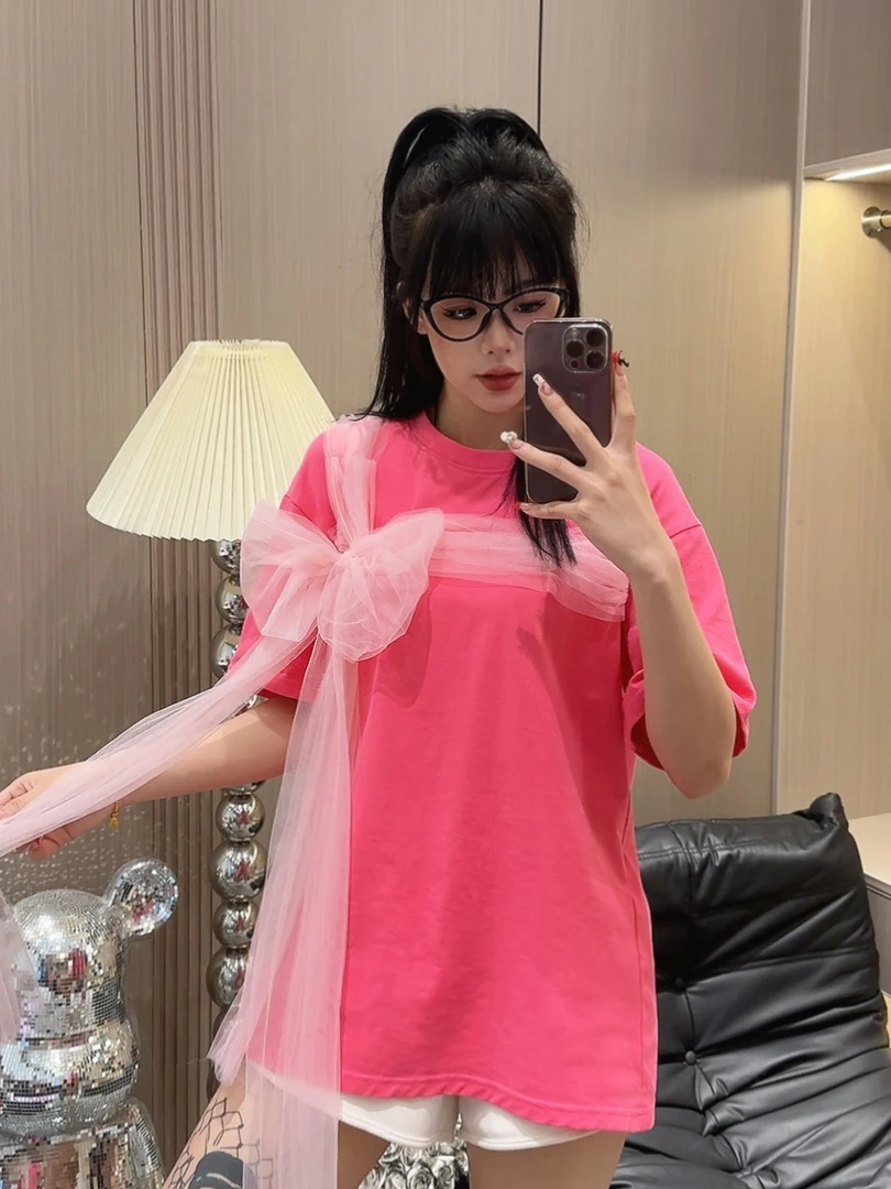 哥与婷子2024春夏新款立体网纱蝴蝶结短袖t恤女宽松小众设计上衣