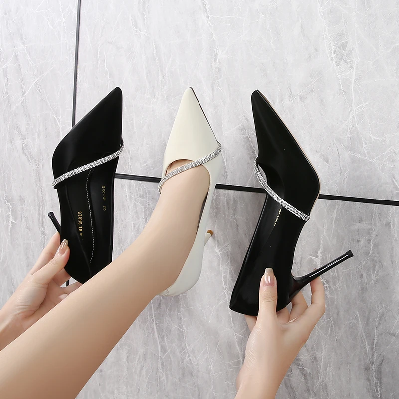 羊皮【9公分~7公分】2025新款黑色细跟尖头气质百搭职业浅口高跟鞋