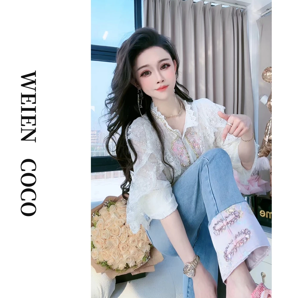【柚见女装】高腰直筒牛仔裤中国风拼接时尚百搭休闲春夏女裤K0565