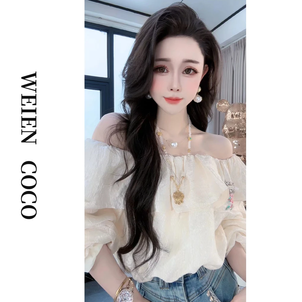 【柚见女装】荷叶边一字肩上衣时尚长袖百搭泡泡袖重工上衣S0698