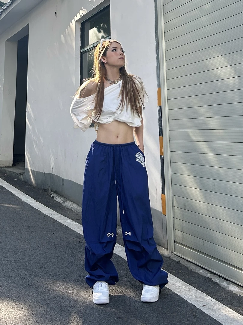 HXIEN原创伞兵镭射工装裤夏季超薄爵士阔腿裤抽绳宽松直筒长裤