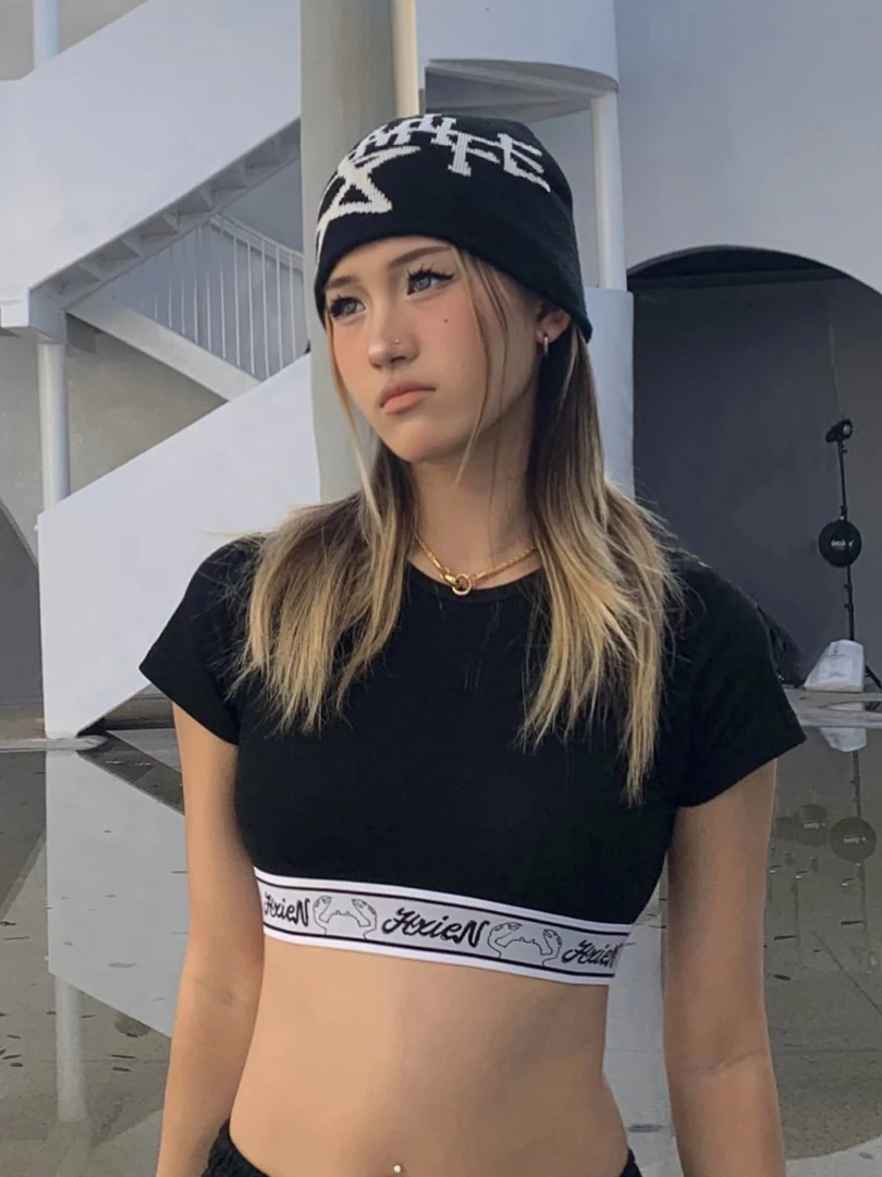 HXIEN爵士辣妹短袖紧身短款上衣修身露脐T恤