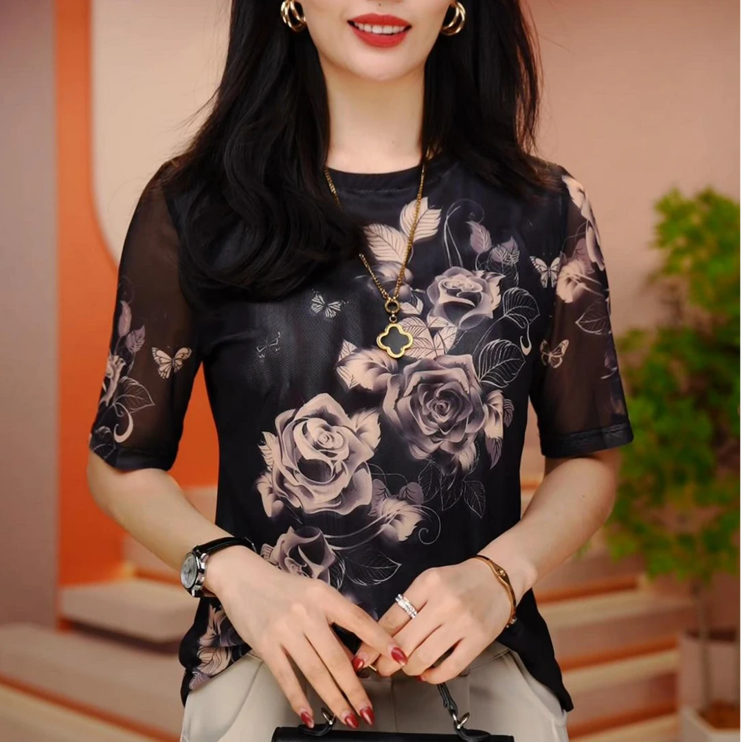 CLT 时尚百搭肌肤网纱修身显瘦轻奢洋气优雅气质透气双层上衣小衫