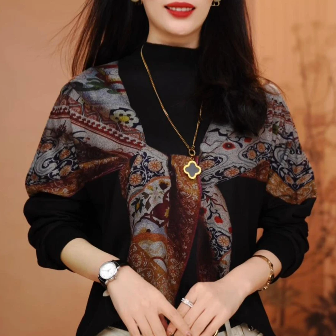 CLT 澳绒保暖厚款洋气简约显瘦优雅时尚印花半高领上衣YC9370