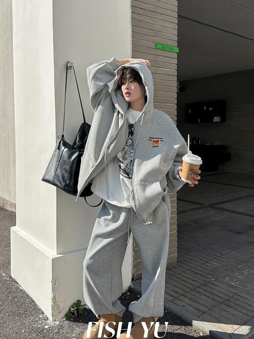 福利 YU 2a891 加绒加厚美式宽松连帽卫衣拉链外套