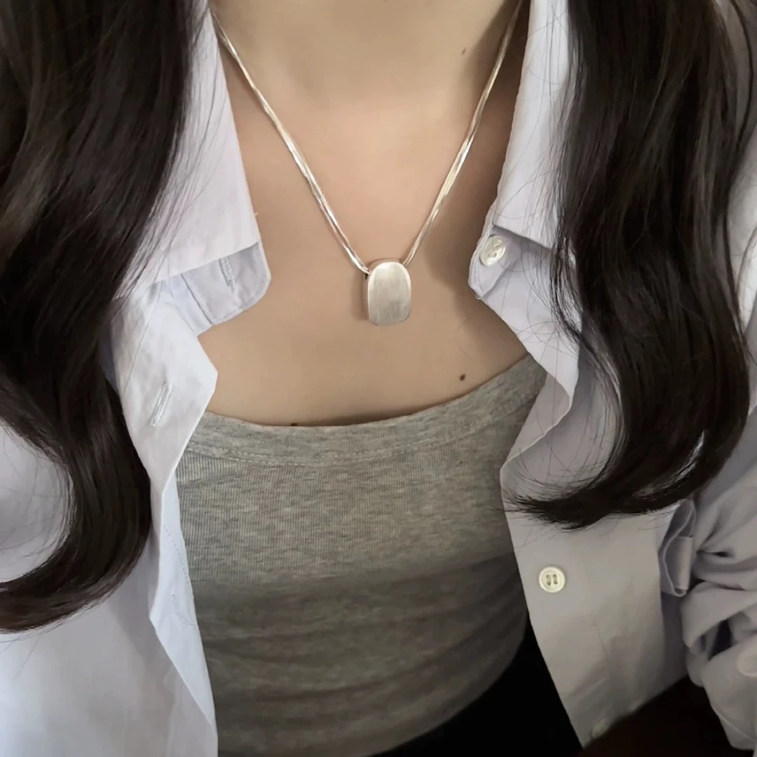 坠链均足银 双面戴光面椭圆牌项链女925纯银三层蛇骨轻奢高级小众
