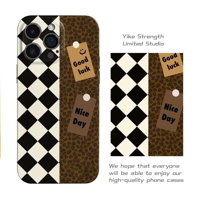 棋盘豹纹菲林壳软壳适用iphone苹果15pro可爱手机壳VIVO华为