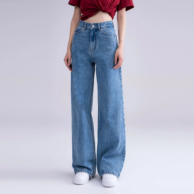 JUYOOYU复古重工蓝色拖地宽松显瘦时尚高腰阔腿牛仔裤JY1005
