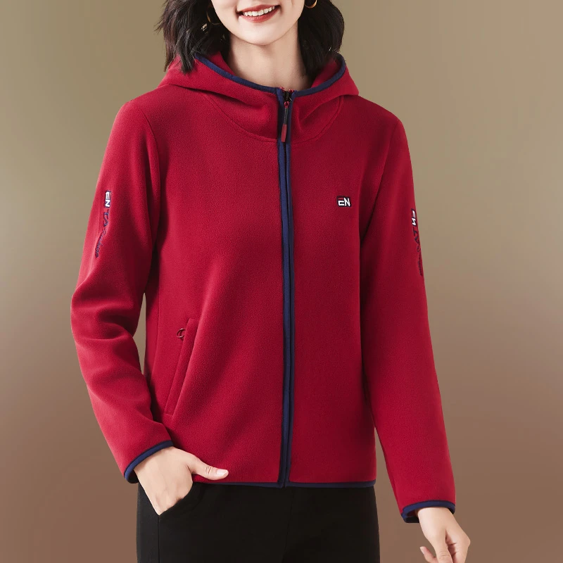 摇粒绒外套女2025新款加绒加厚高档中老年妈妈连帽抓绒奥粒绒卫衣