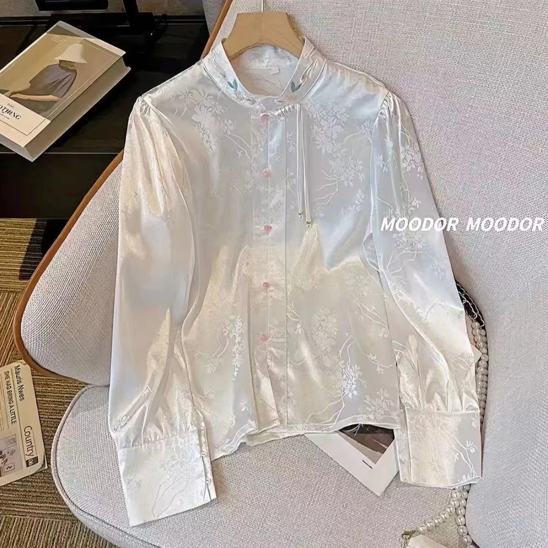 十里桃花 春季新款中式气质国风复古提花立领白色衬衫