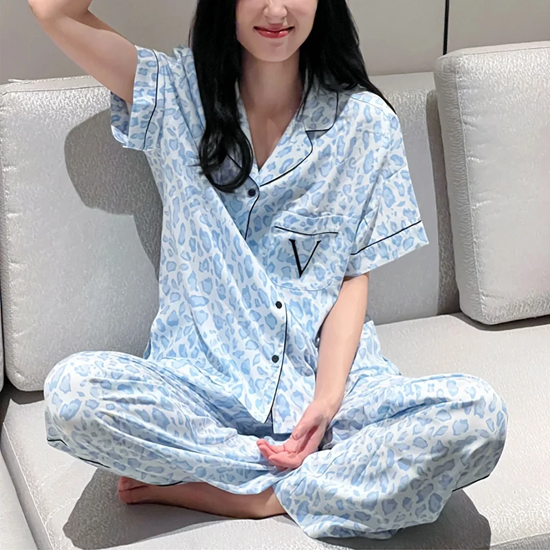 米诗缇【秘密蓝色豹纹】潮牌艺术小众设计可外穿睡衣短袖长裤家居服