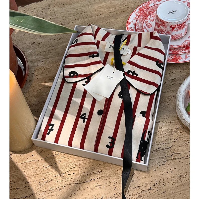 米诗缇【红条纹数字套装】小众时尚潮牌设计师可外穿长袖长裤家居服