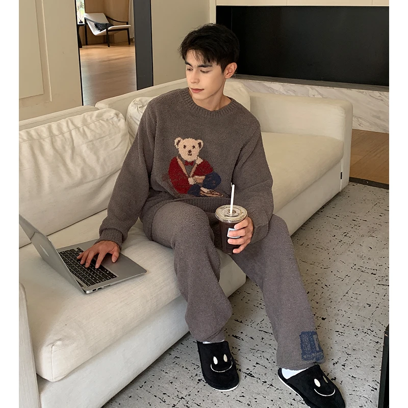 米诗缇【男款休闲椅小熊圆领灰色】小众设计师可外穿长袖长裤家居服