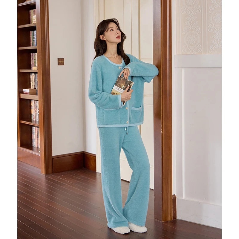 米诗缇【小香风麦穗边湖蓝】小众设计可外穿潮牌长袖长裤睡衣家居服