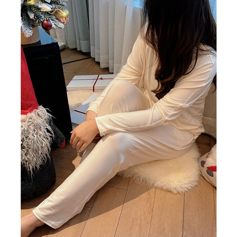 米诗缇【莫代尔插肩袖米色】莫代尔60支螺纹设计长袖裤可外穿家居服