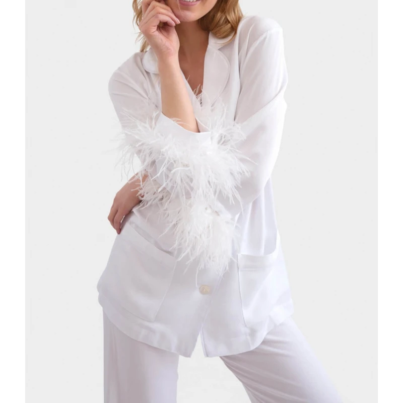 米诗缇【羽毛派对系列白色】潮牌艺术小众设计师长袖长裤睡衣家居服