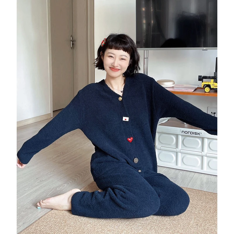 米诗缇【无规则纽扣藏青色】小众设计可外穿潮牌长袖长裤睡衣家居服