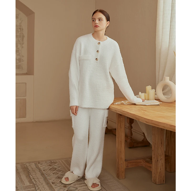 米诗缇【侘寂风纽扣套装白色】小众设计师可外穿长袖长裤睡衣家居服