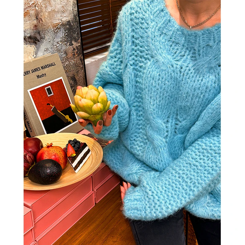 米诗缇【法国SanZan蓝色圆领毛衣】艺术小众设计师外穿潮牌圆领毛衣