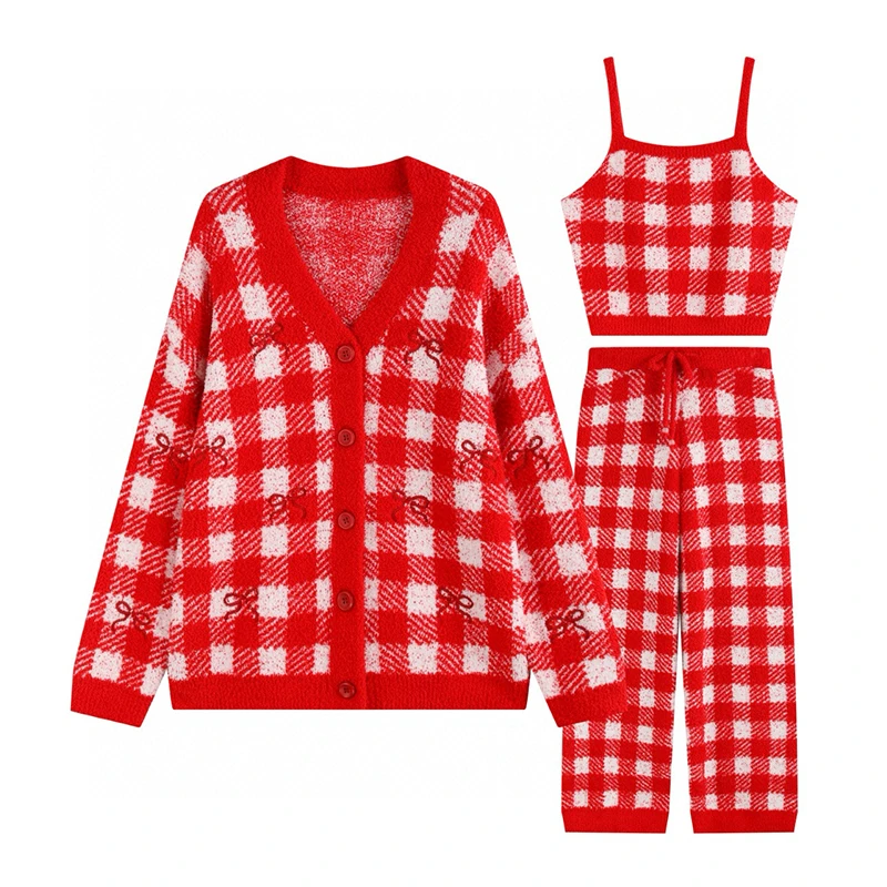 米诗缇【红格子蝴蝶结三件套】小众设计师可外穿长袖长裤家居服套装