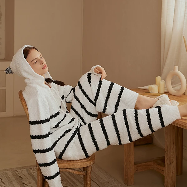 米诗缇【连帽黑白条纹套装】小众潮牌设计可外穿长袖长裤睡衣家居服