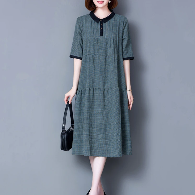 棉麻格子连衣裙夏季新款中长款淑女气质裙子时尚简约短袖a字裙
