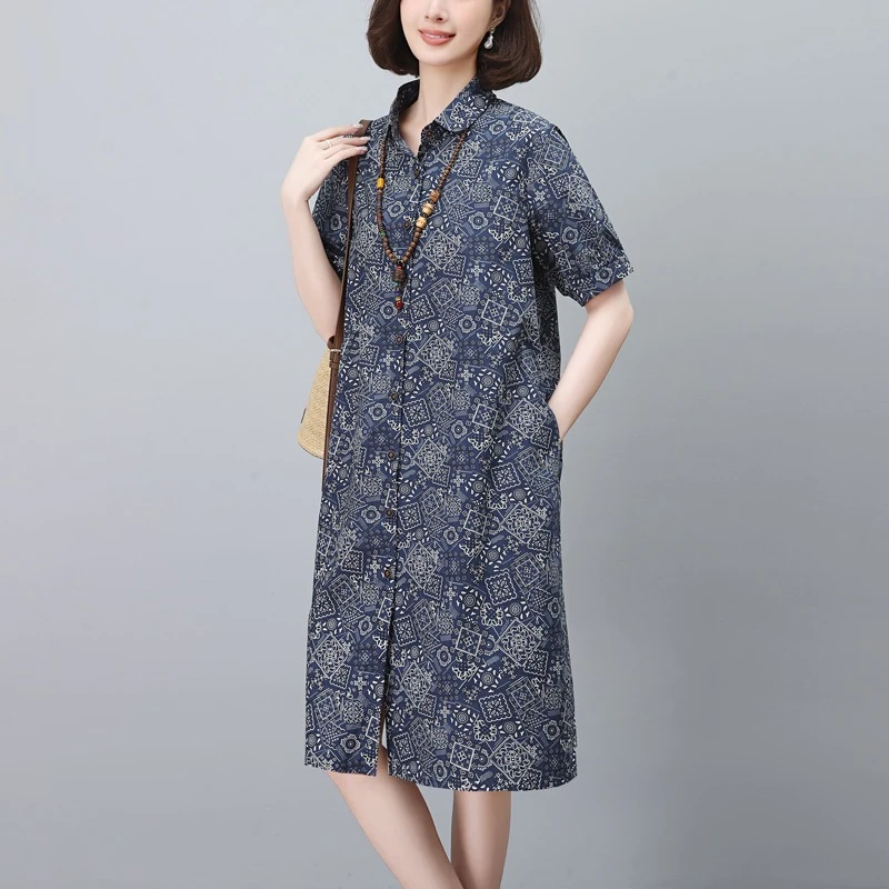 纯棉碎花连衣裙2024夏季新款大码宽松气质开衫裙妈妈休闲时尚裙子