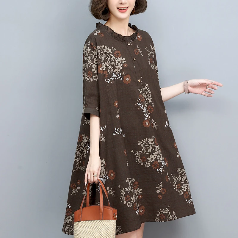 棉麻休闲连衣裙夏季妈妈大码宽松时尚洋气文艺印花中长款遮肚裙子