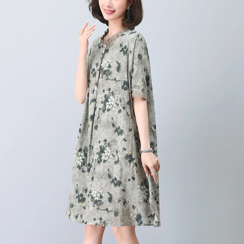 棉麻碎花连衣裙夏季新款中老年妈妈洋气时尚气质大码宽松连衣裙