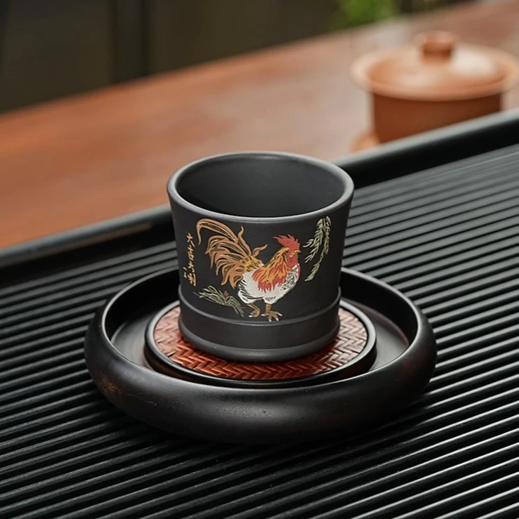 宜兴原矿紫砂石黄泥绘金鸡报晓主人杯制杯250cc全手工大容量双色