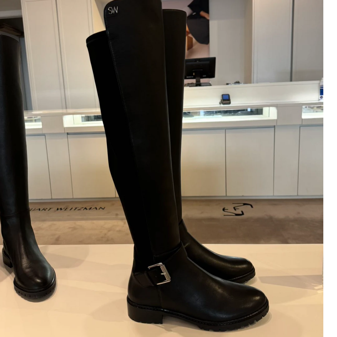 STUART WEITZMAN 羊皮拼弹力布高筒靴BIKER CITY BOOT