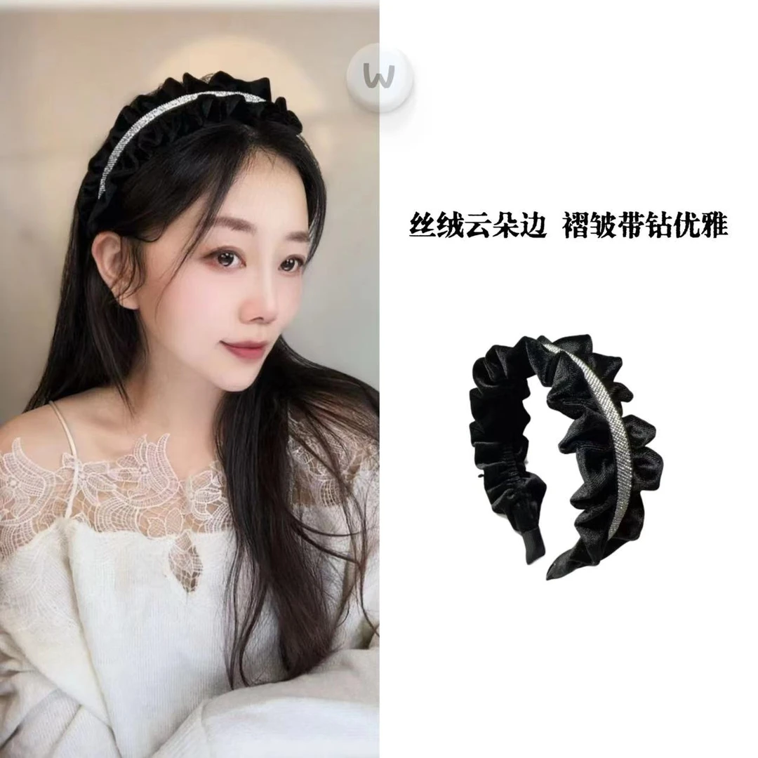 丝绒云朵边褶皱款带钻发箍 赫本风优雅轻奢