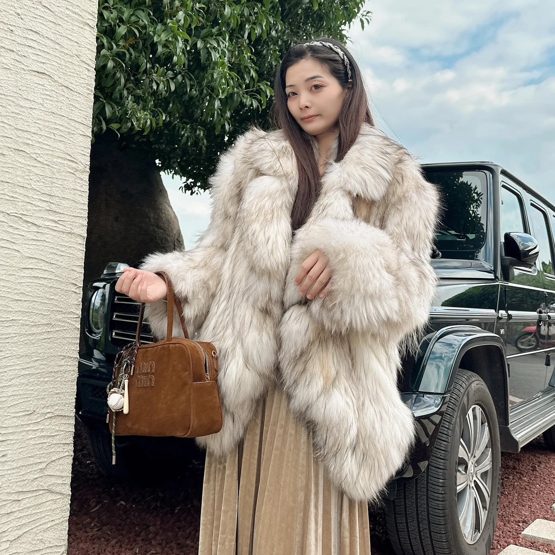荷叶领貉子毛加密双面编织皮草外套女中长款秋冬新网红木耳边大衣