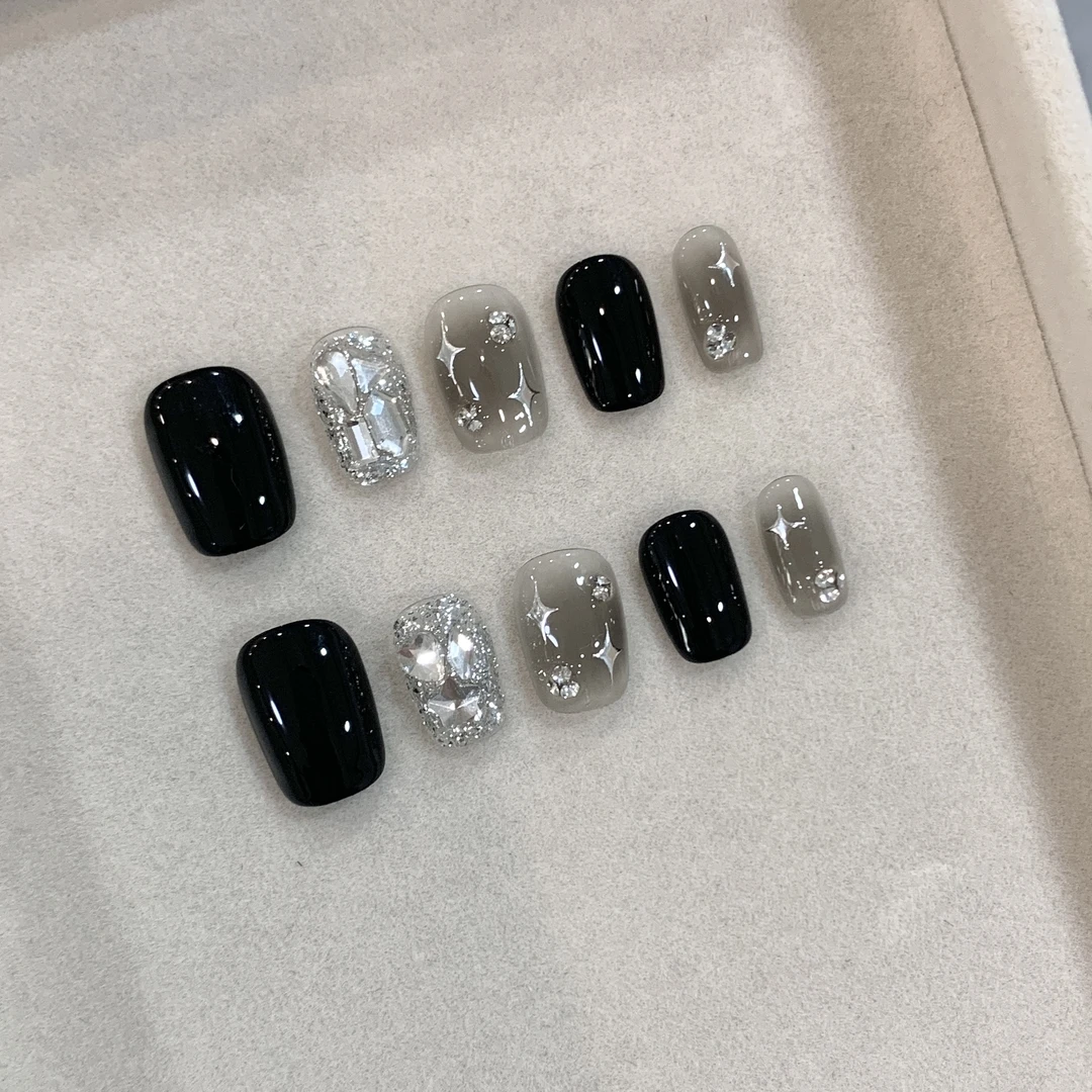 断码【堕落天使】梯形手工穿戴甲黑色气质贴片清冷氛围感大气显白