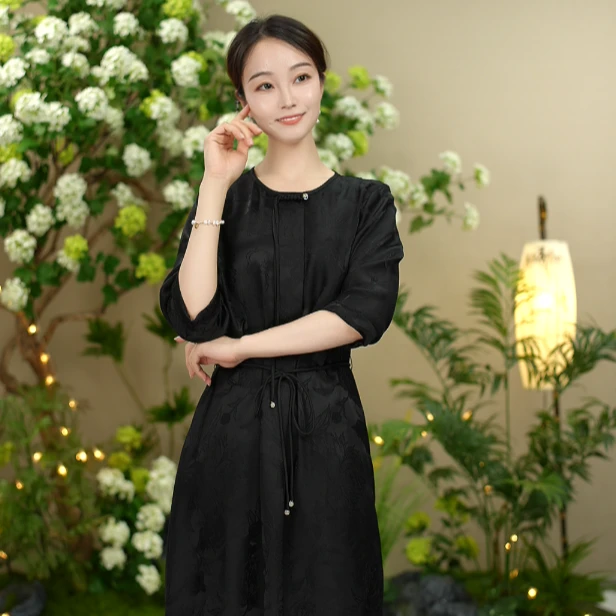 《云裳阁》夏季桑蚕丝真丝提花牡丹花，连衣裙显瘦圆领气质2852