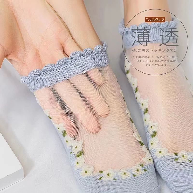 袜子女夏季薄款蕾丝花边玻璃丝水晶船袜透气吸汗宽口碎花森系丝袜