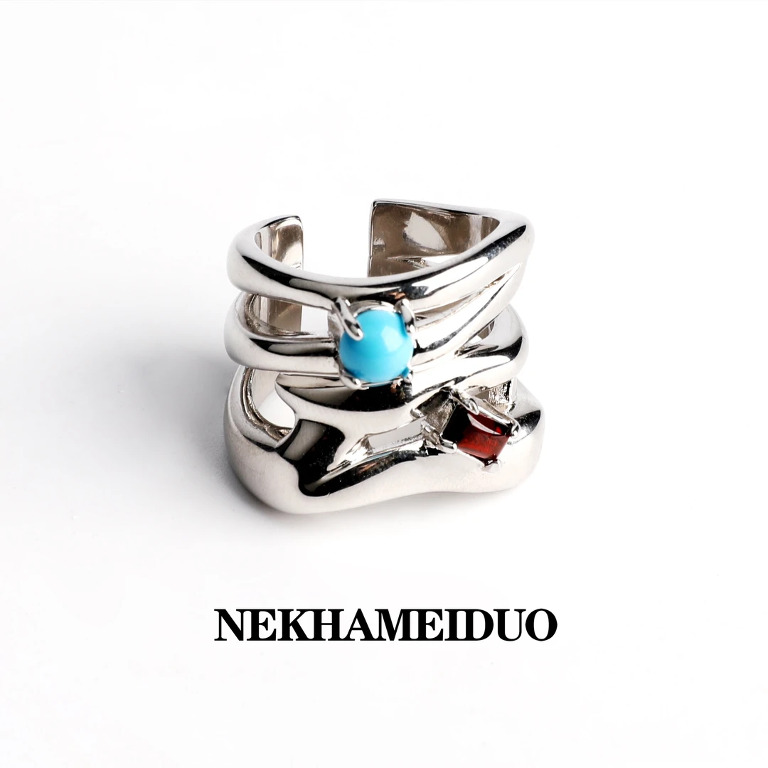 铜合金戒指 NEKHAMEIDUO｜尼卡梅朵不规则肌理金属感原石镶嵌戒指