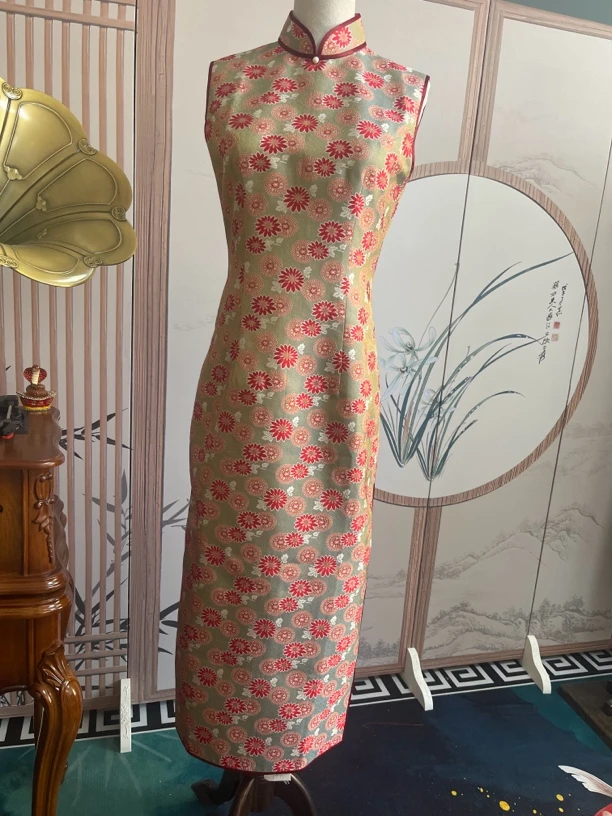 老宋锦旗袍无袖设计师显瘦复古气质国风