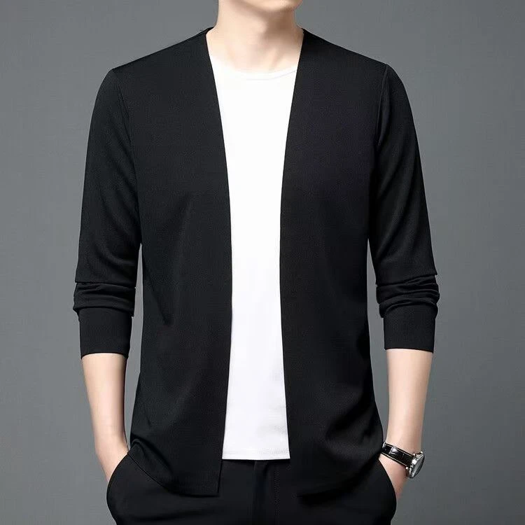 薄款春秋男士高档轻奢时尚休闲透气无痕长袖纯色开衫外套男针织衫