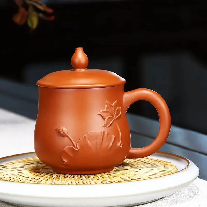 宜兴紫砂杯女士款小容量朱泥全手工堆绘荷叶个人杯办公室家用茶具