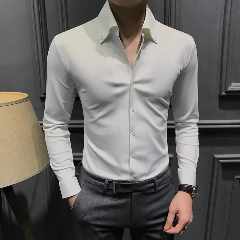 2023新款高级V领衬衫男长袖时尚高级帅气修身衬衣休闲商务男装寸