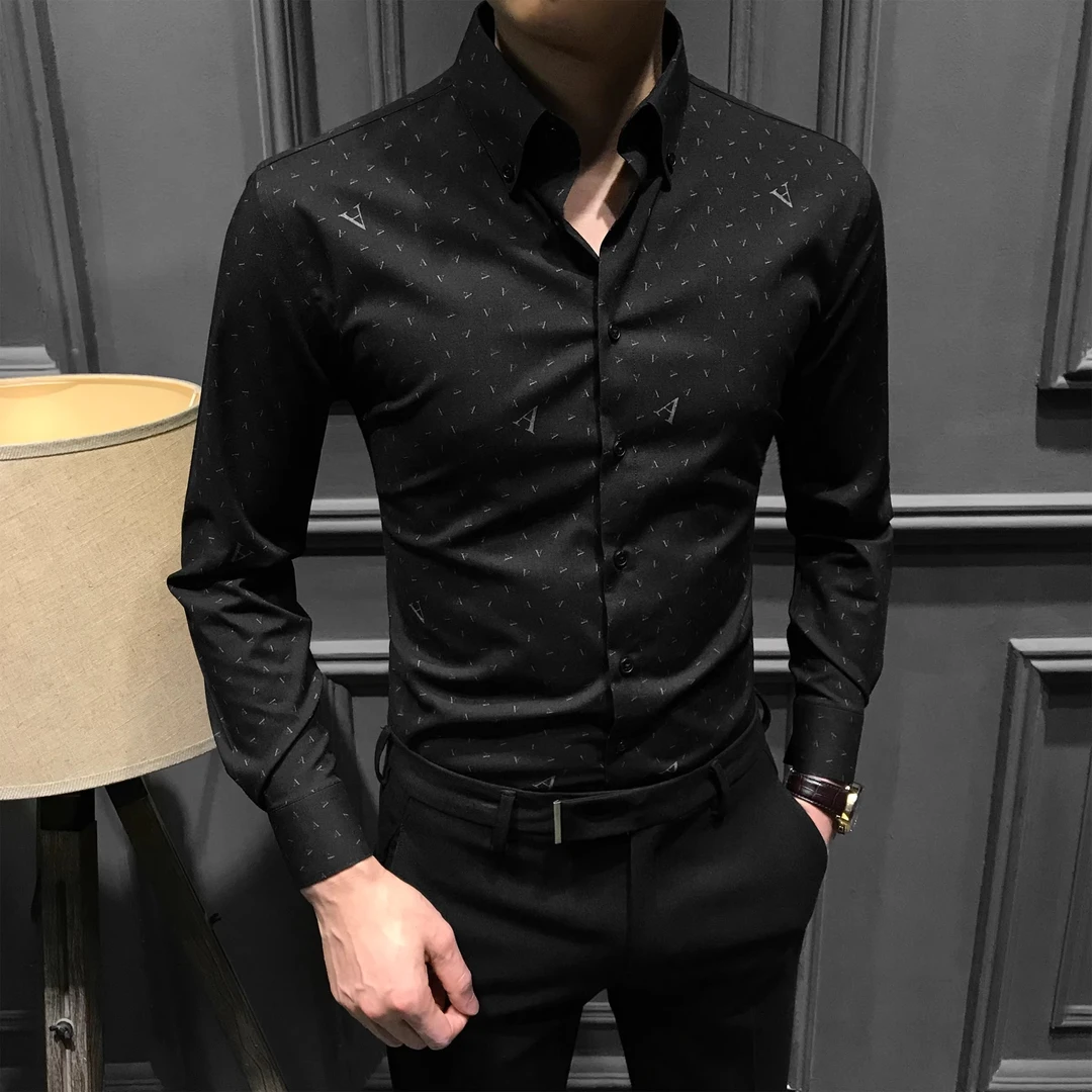 新款印花男士长袖衬衫春秋潮流休闲衬衣青年修身痞帅百搭上衣抗皱