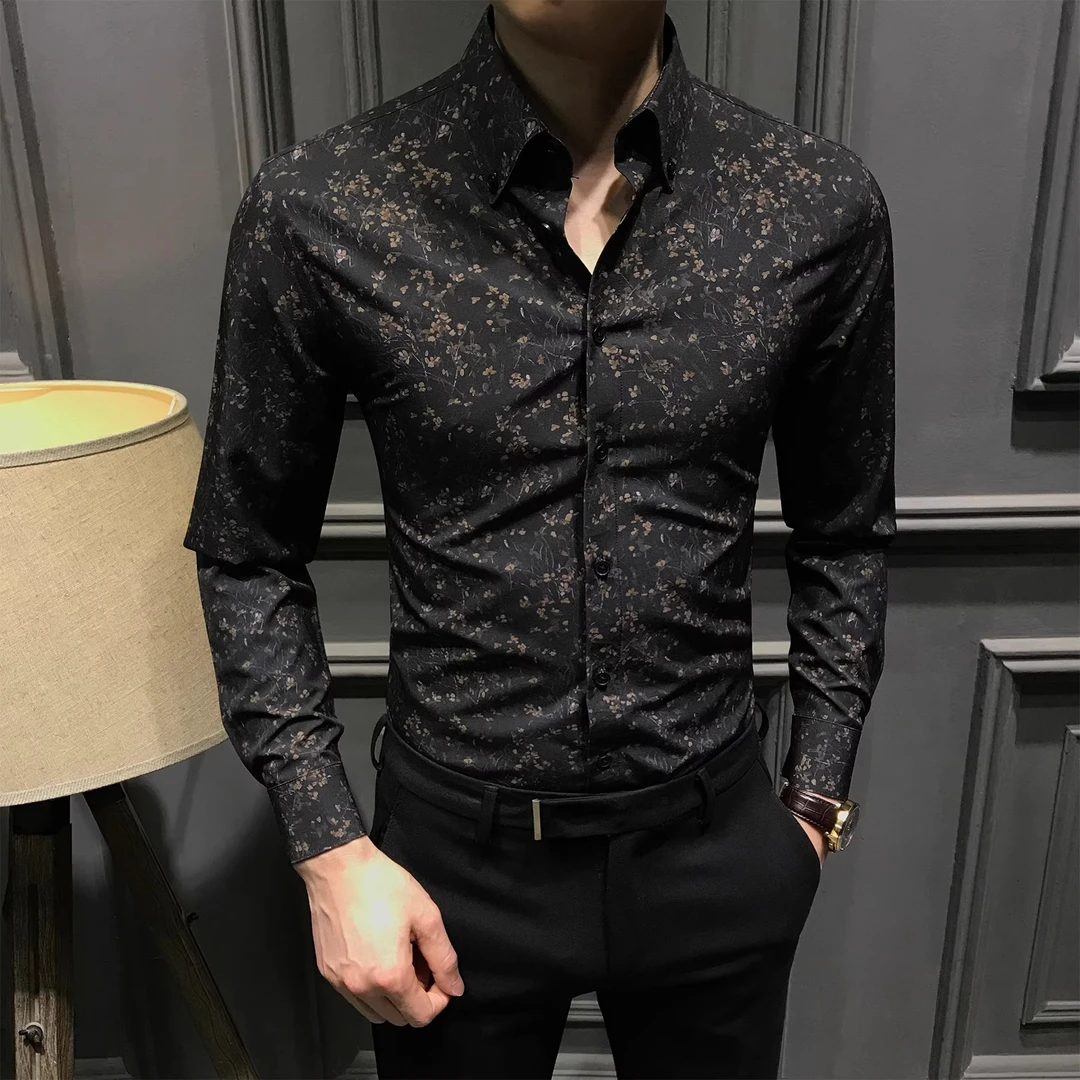 痞帅碎花男士长袖衬衫2025新款时尚印花衬衣青年修身百搭上衣免烫