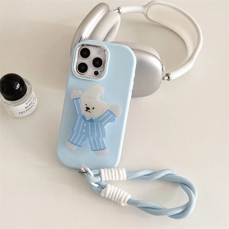 蓝衣小熊支架手提短绳手机壳适用于苹果15PRO华为MATE60荣耀/防摔