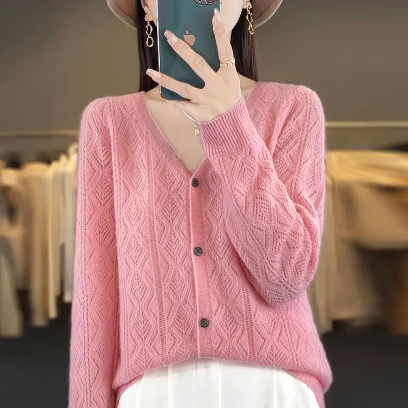 瑰姿艳逸~100纯羊毛开衫女2025秋季新款菱形镂空针织百搭宽松外套