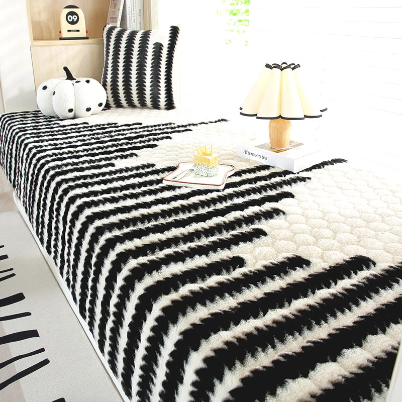 新款飘窗垫窗台垫加厚冬季阳台兔毛绒垫子条纹榻榻米坐垫毛毛毯垫