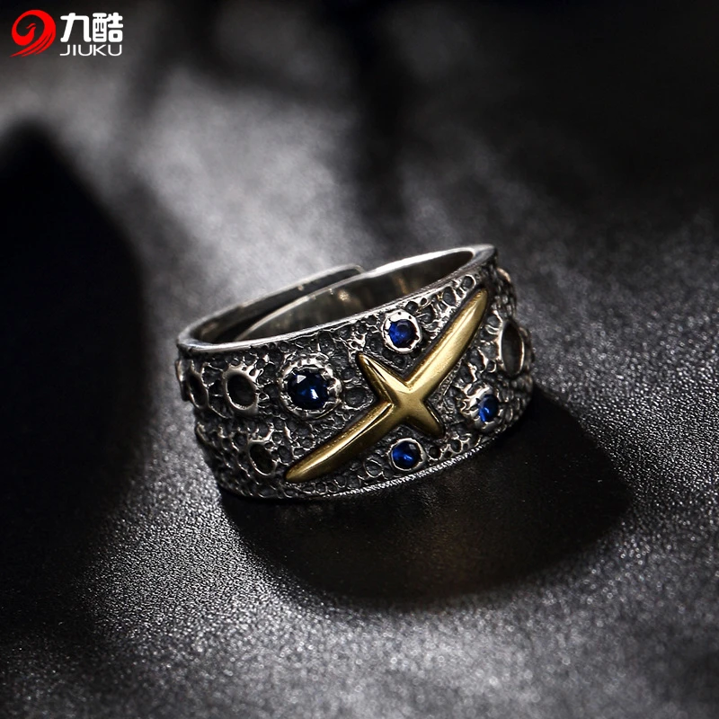925银戒指 925银男士时尚情侣复古个性指环银戒星空百搭蓝色205