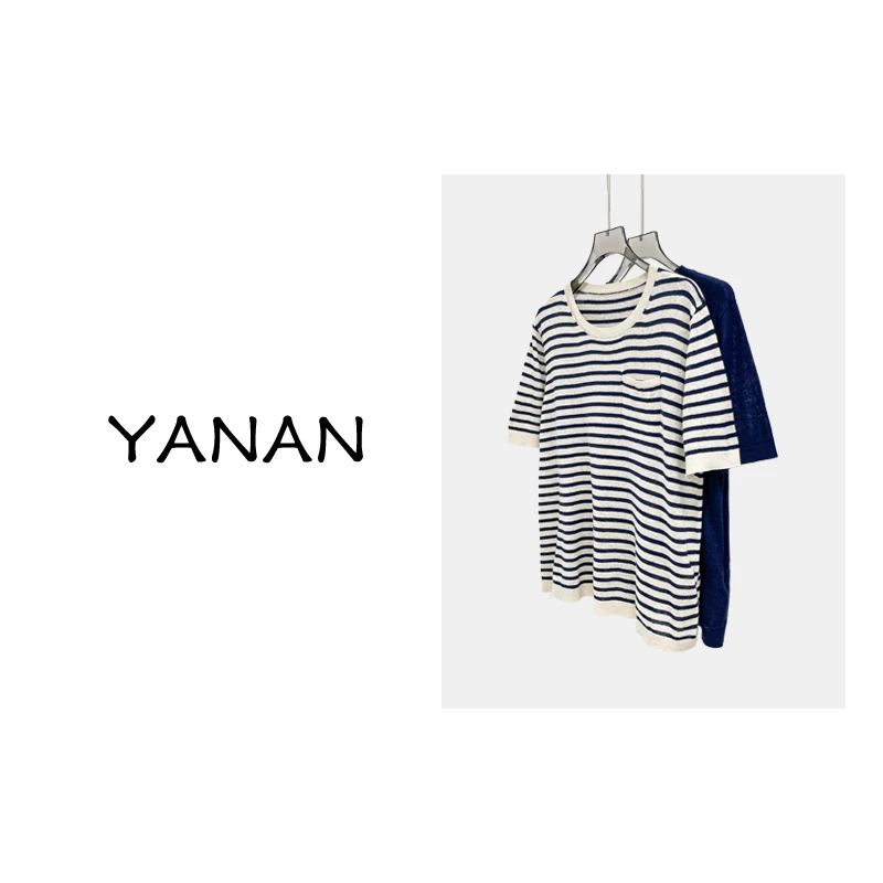 断码清仓【亚楠本楠】蓝调◆时尚减龄圆领口袋短袖针织衫套头T恤5146