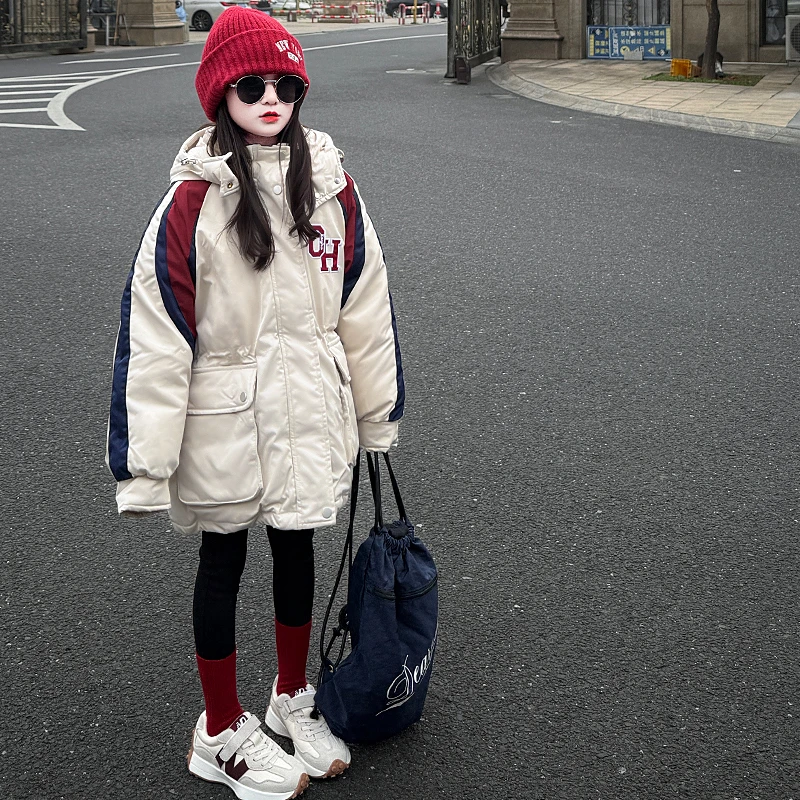 女童冬装加棉加厚棉服2024新款中大童洋气冬季小女孩拼色棉衣外套